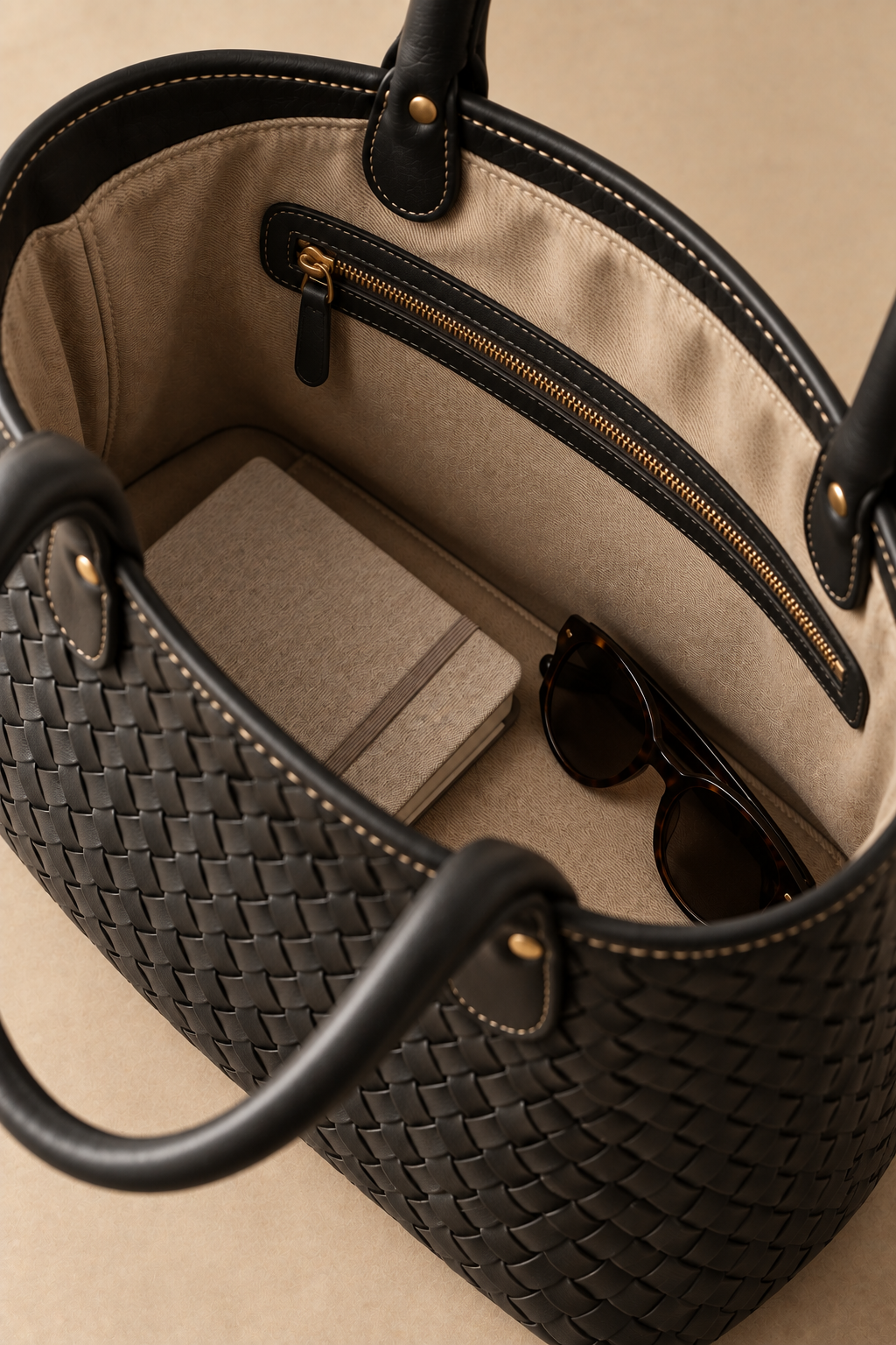 Cotton lined interior of the Wren black woven leather tote