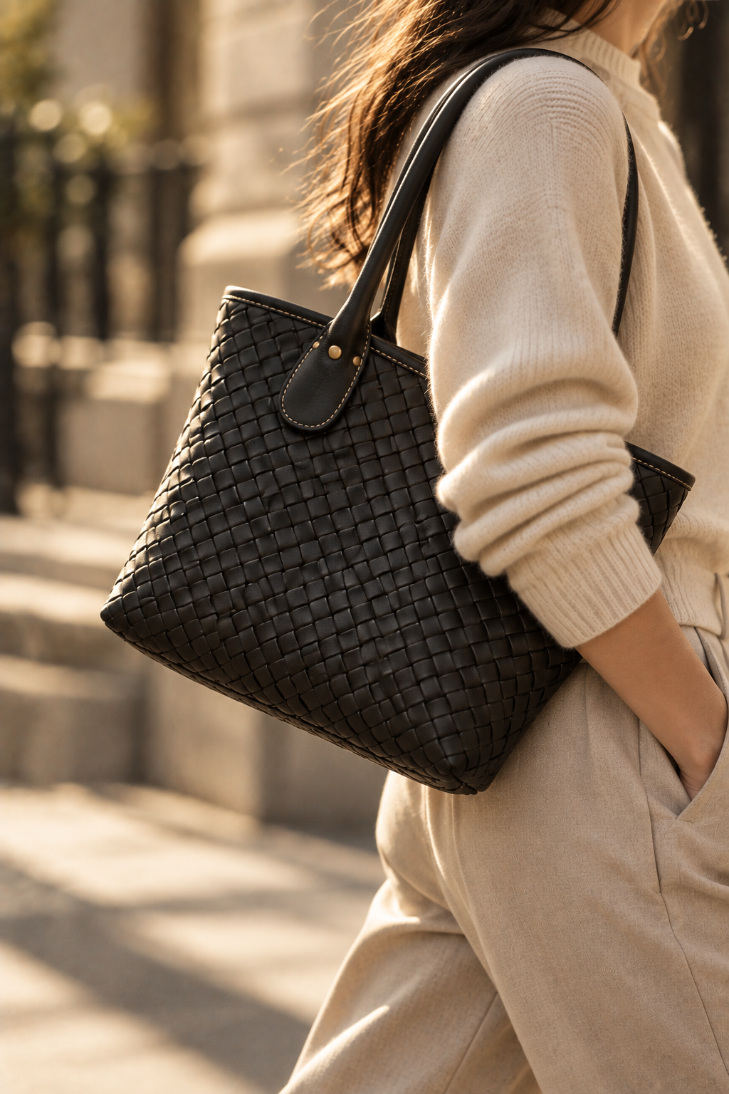 The Wren black woven leather tote worn on the shoulder