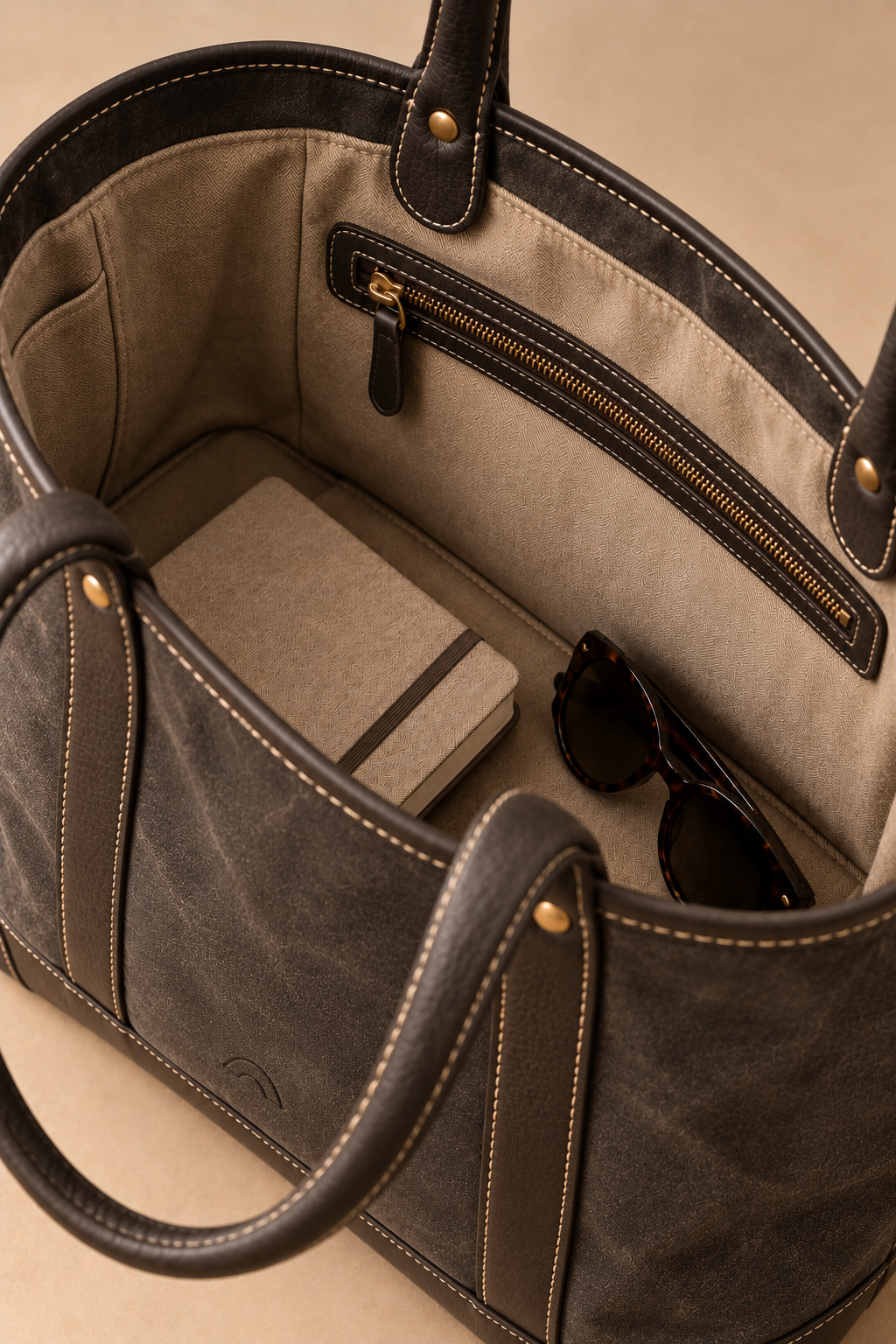 Cotton lined interior of the Ellis charcoal & black canvas and leather tote