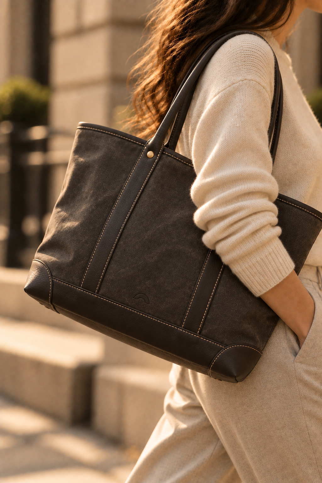 The Ellis charcoal & black canvas and leather tote worn on the shoulder