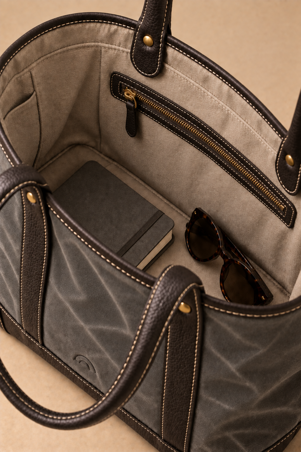 Cotton lined interior of the Ellis charcoal & black canvas and leather tote