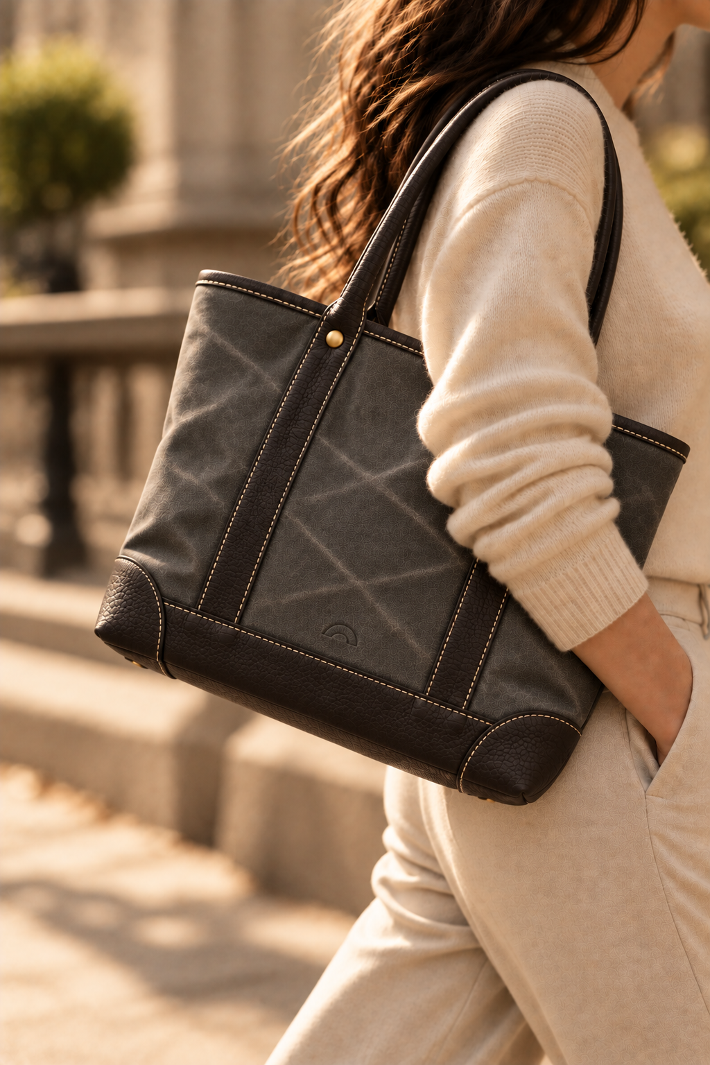 The Ellis charcoal & black canvas and leather tote worn on the shoulder