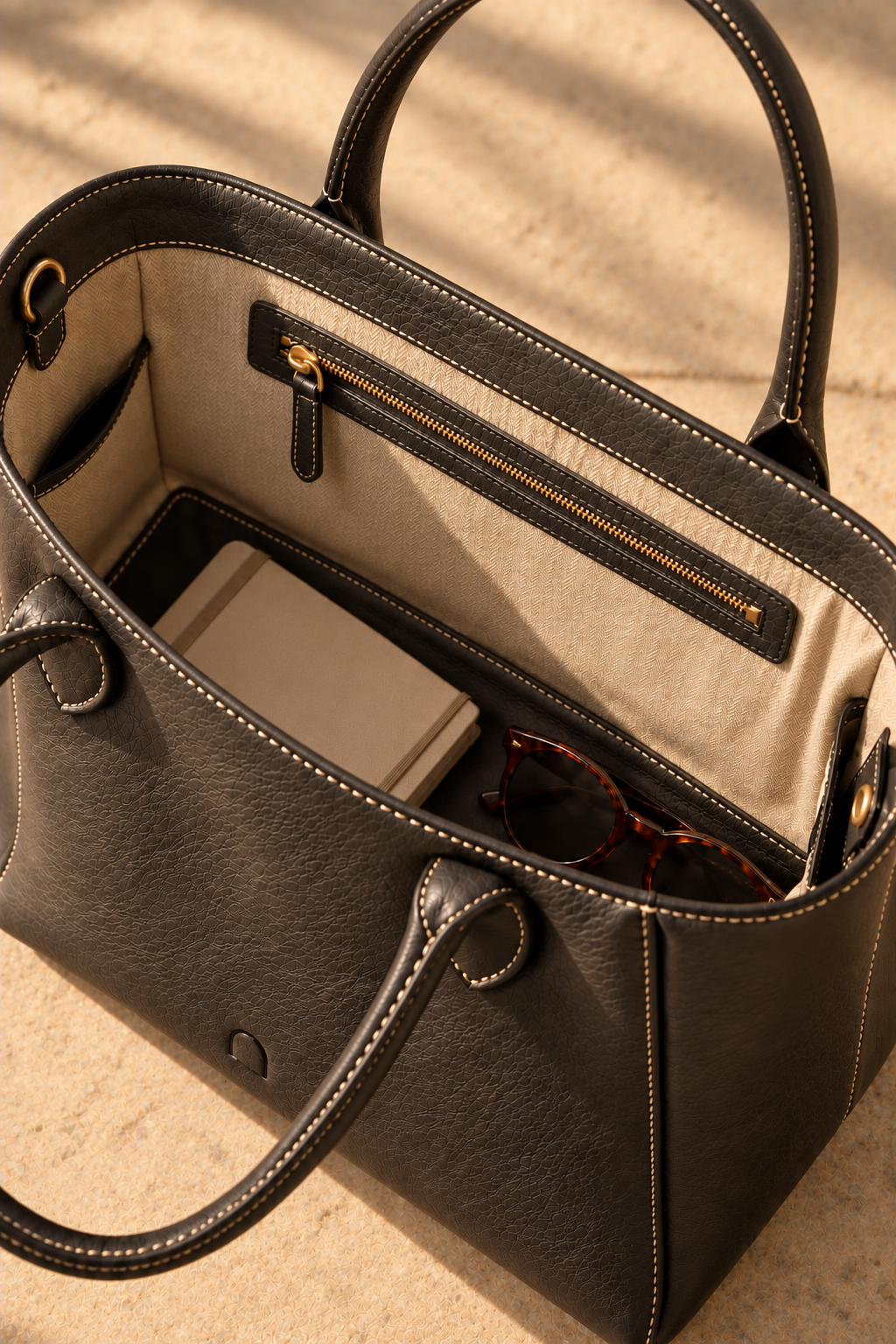 Cotton lined interior of the Marlow charcoal leather tote bag