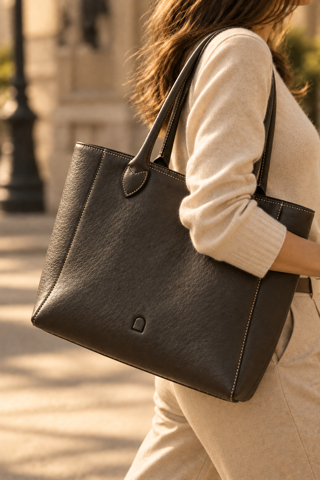 The Marlow charcoal leather tote bag worn on the shoulder