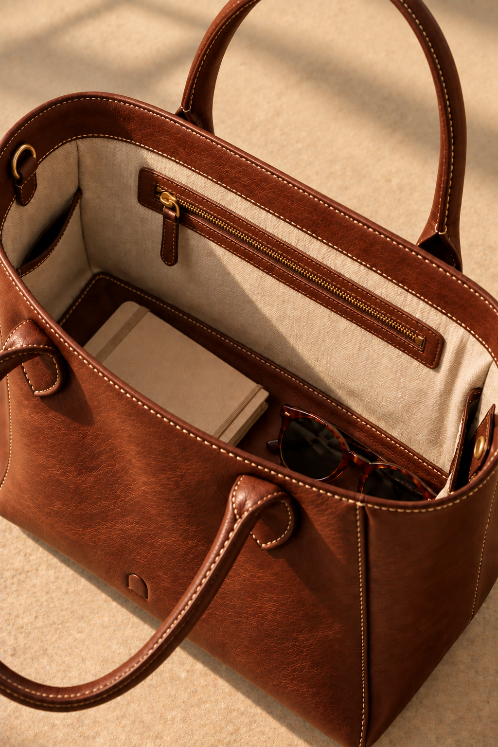 Cotton lined interior of the Marlow chestnut leather tote bag