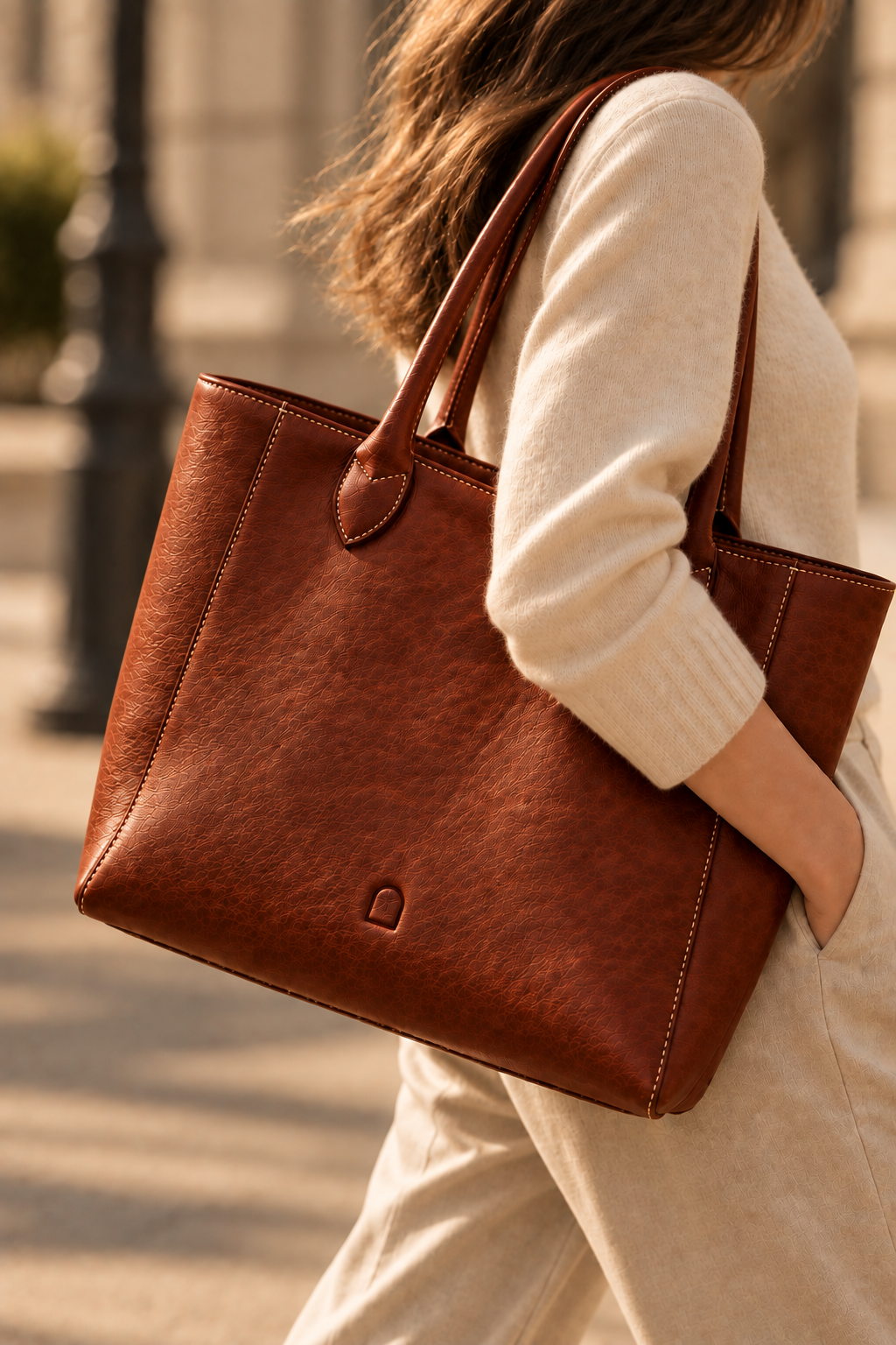 The Marlow chestnut leather tote bag worn on the shoulder
