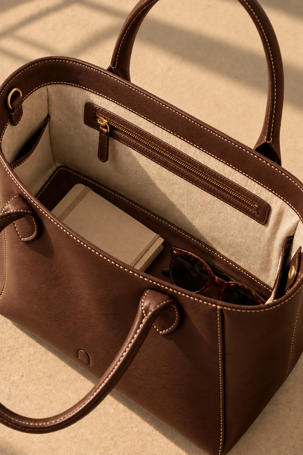 Cotton lined interior of the Marlow chocolate leather tote bag