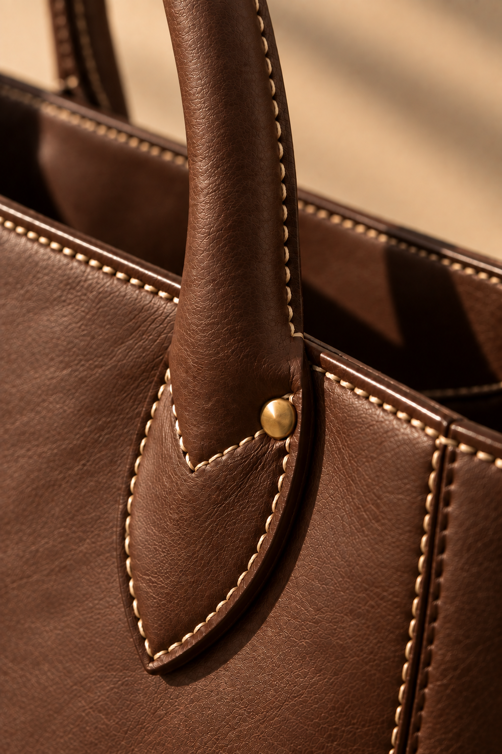 Hand stitched edge and brass rivet on the Marlow chocolate leather tote bag