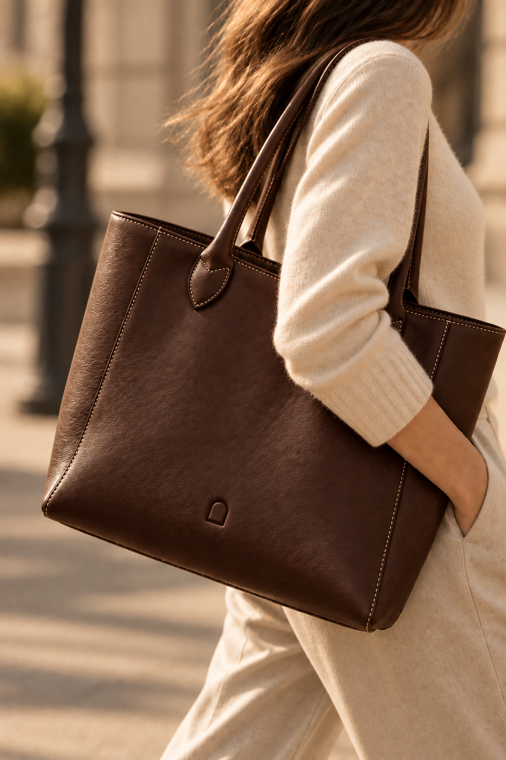 The Marlow chocolate leather tote bag worn on the shoulder