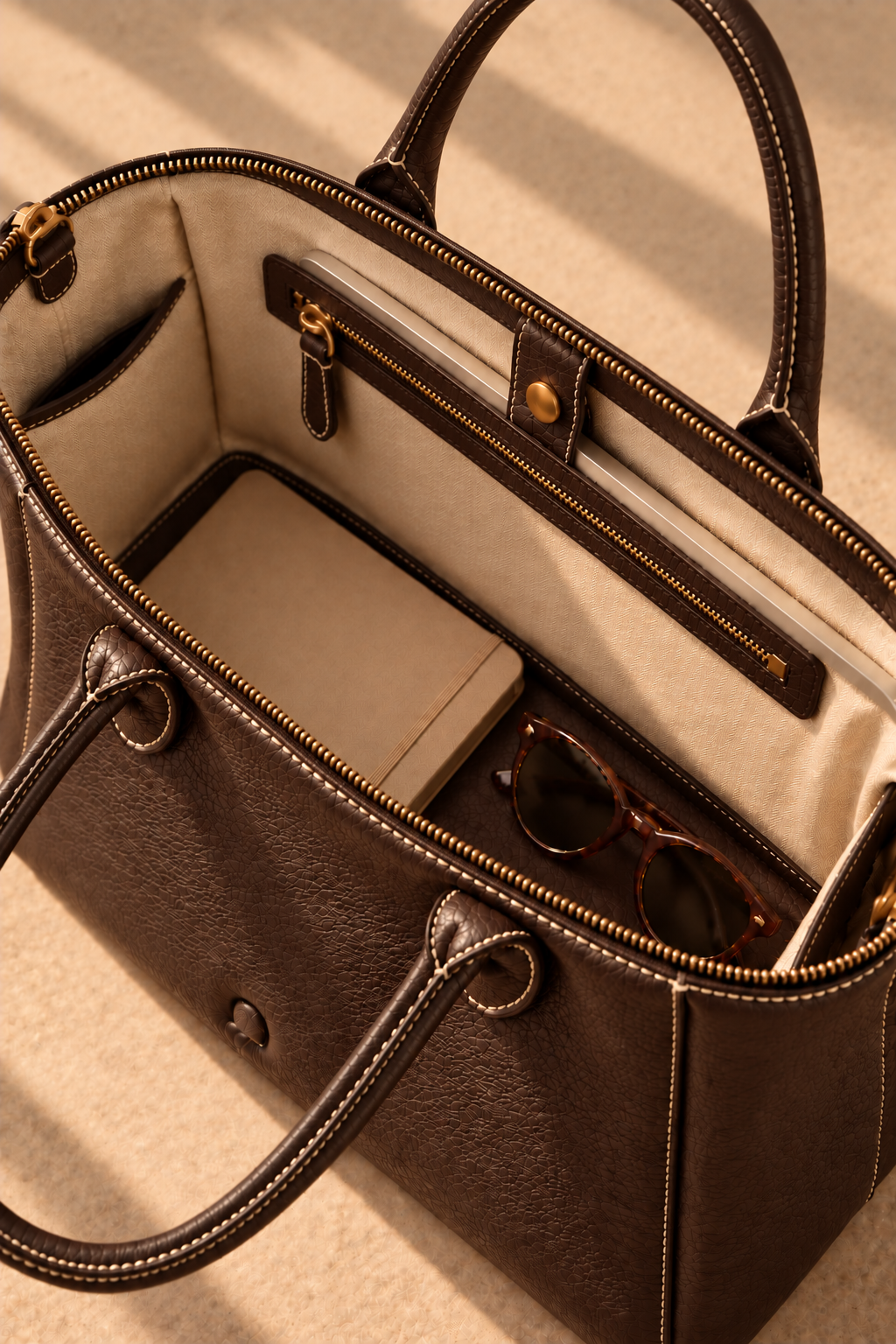 Cotton lined interior of the Lorne chocolate leather work tote