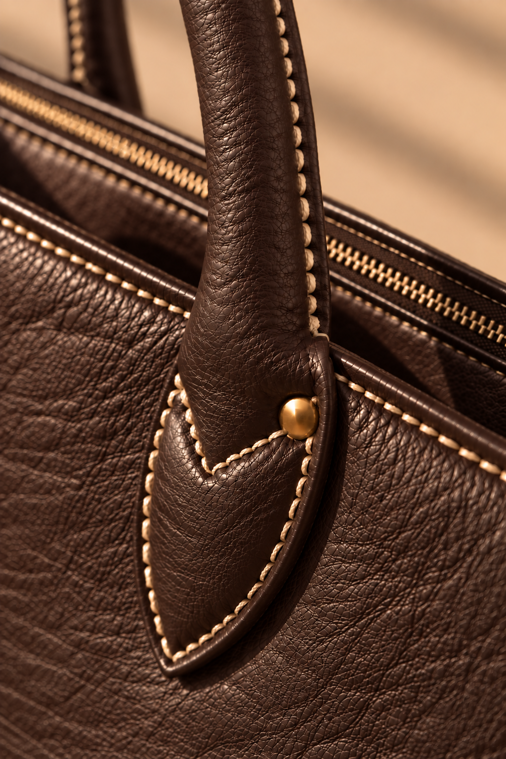 Hand stitched edge and brass rivet on the Lorne chocolate leather work tote