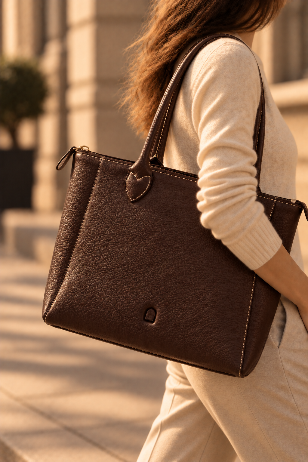 The Lorne chocolate leather work tote worn on the shoulder