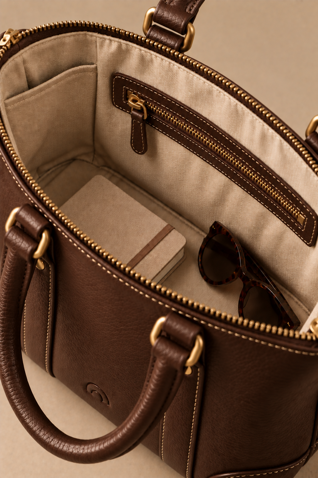 Cotton lined interior of the Juno chocolate small leather tote
