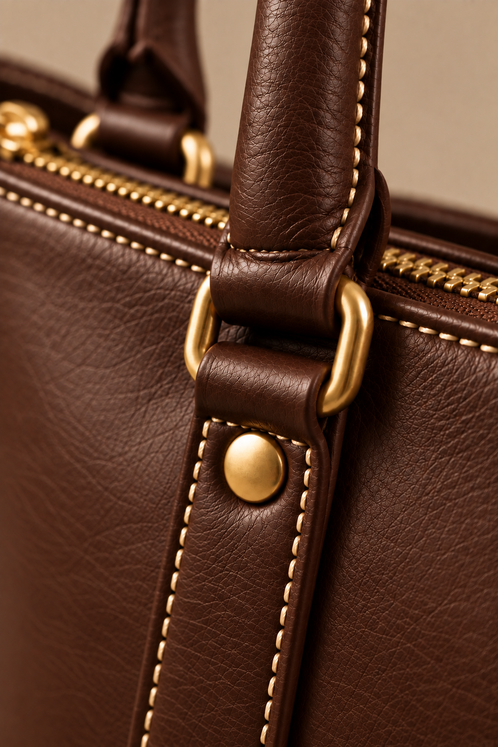 Hand stitched edge and brass rivet on the Juno chocolate small leather tote