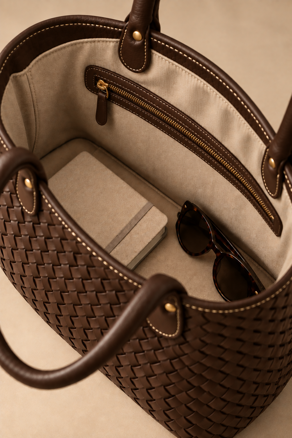 Cotton lined interior of the Wren chocolate woven leather tote