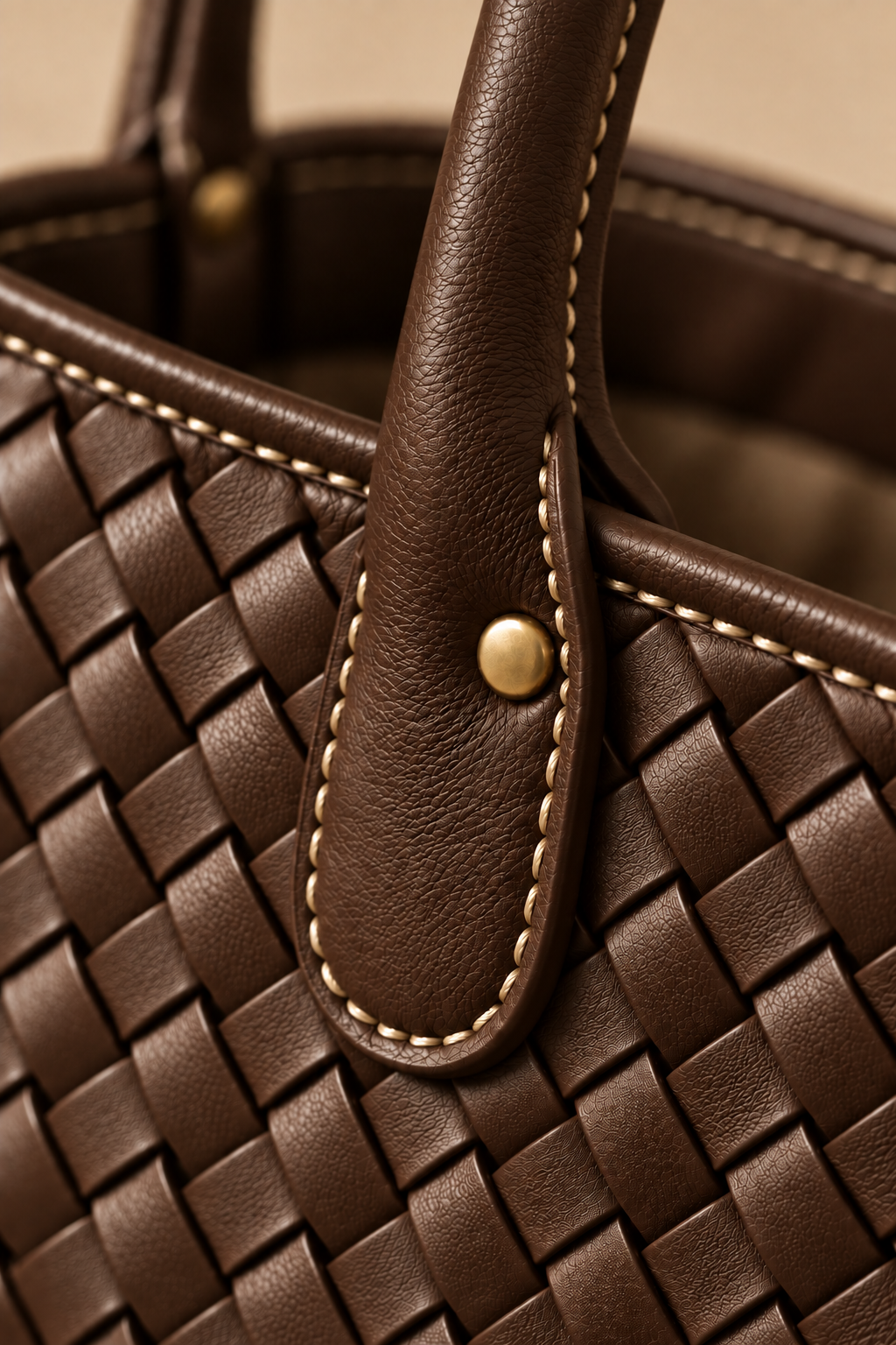 Hand stitched edge and brass rivet on the Wren chocolate woven leather tote