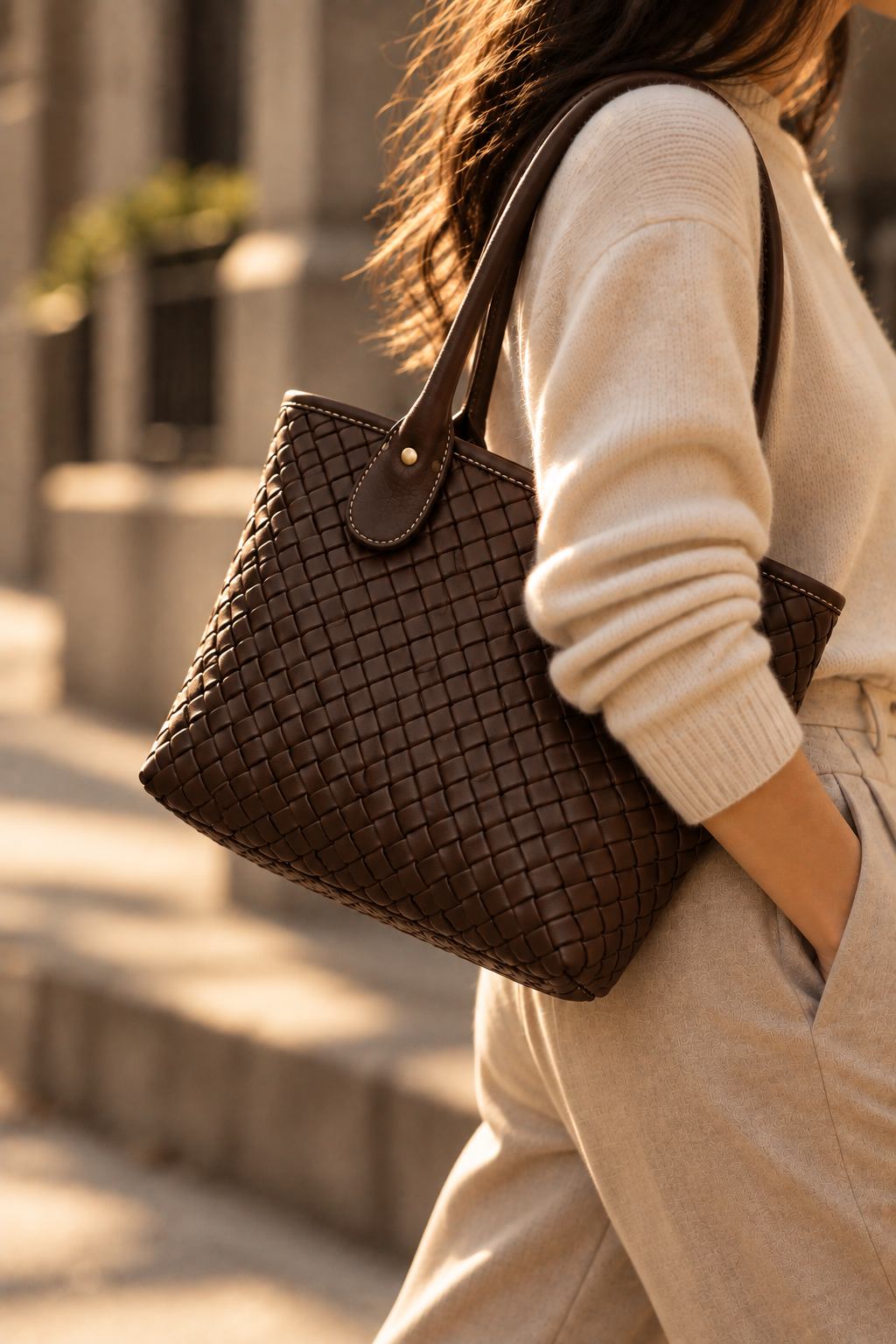 The Wren chocolate woven leather tote worn on the shoulder