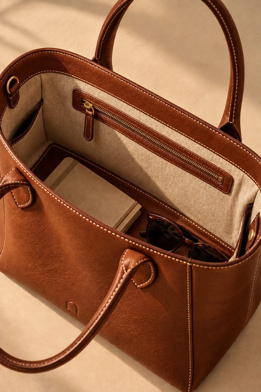 Cotton lined interior of the Marlow cognac leather tote bag