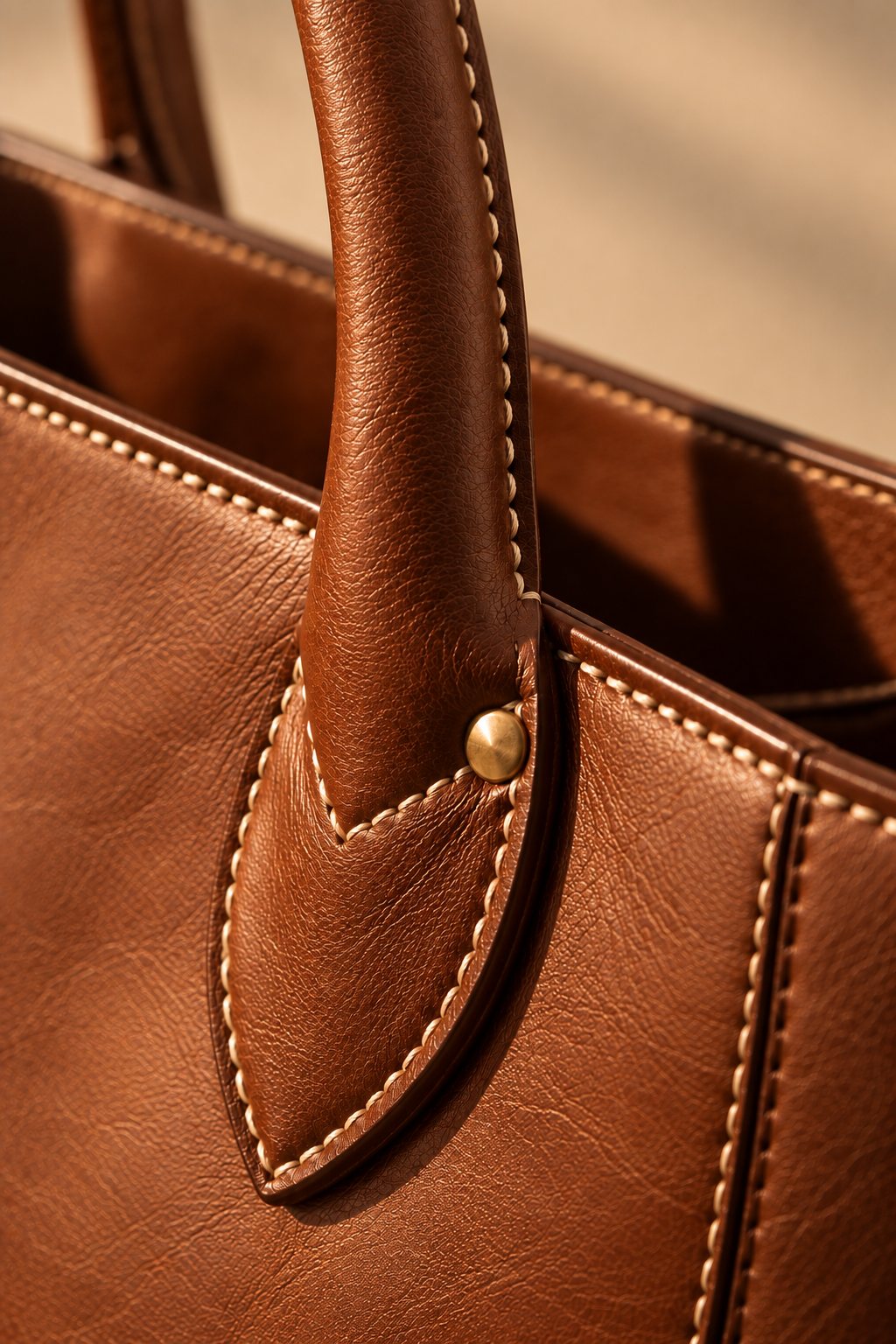 Hand stitched edge and brass rivet on the Marlow cognac leather tote bag