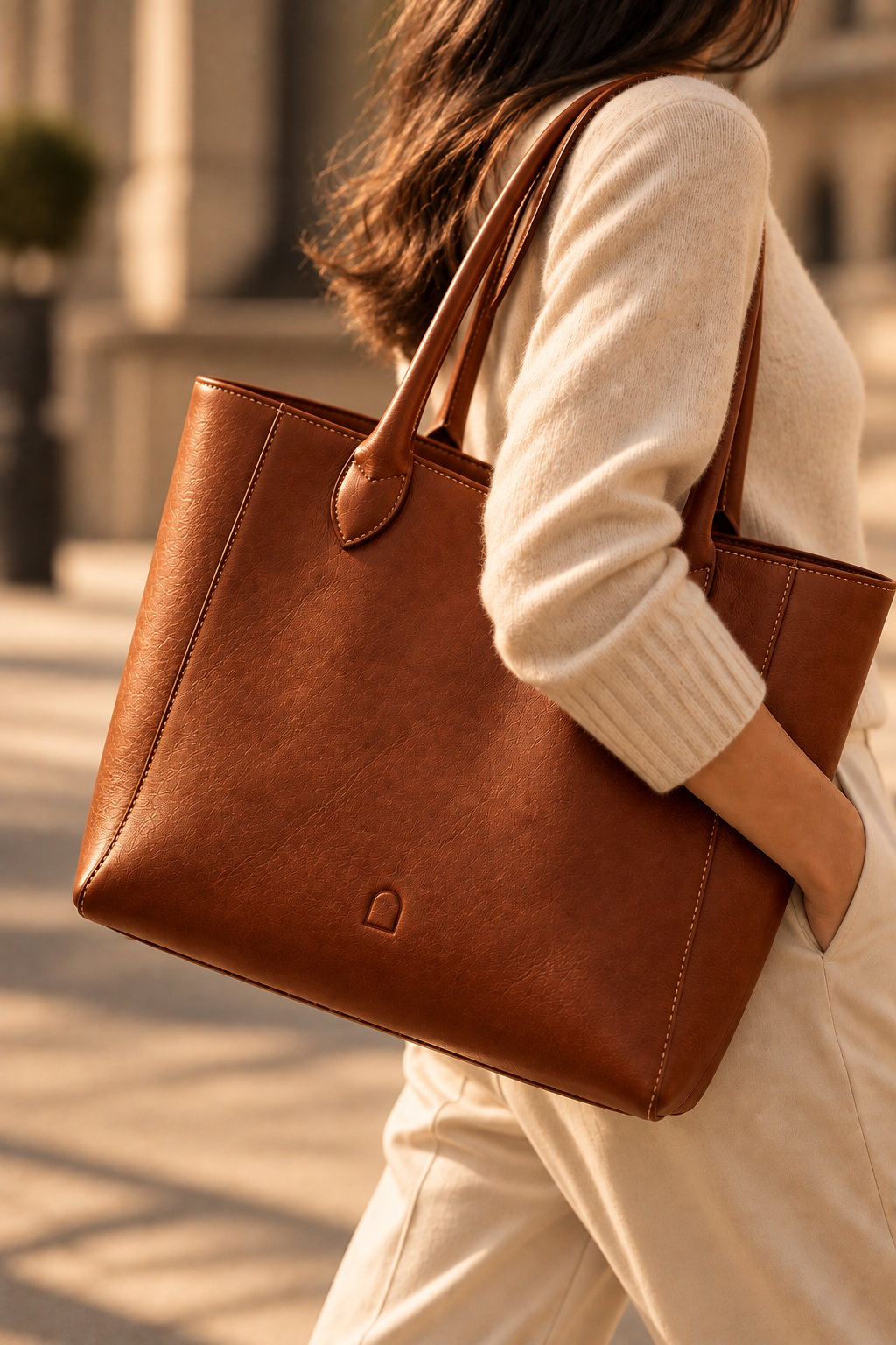 The Marlow cognac leather tote bag worn on the shoulder
