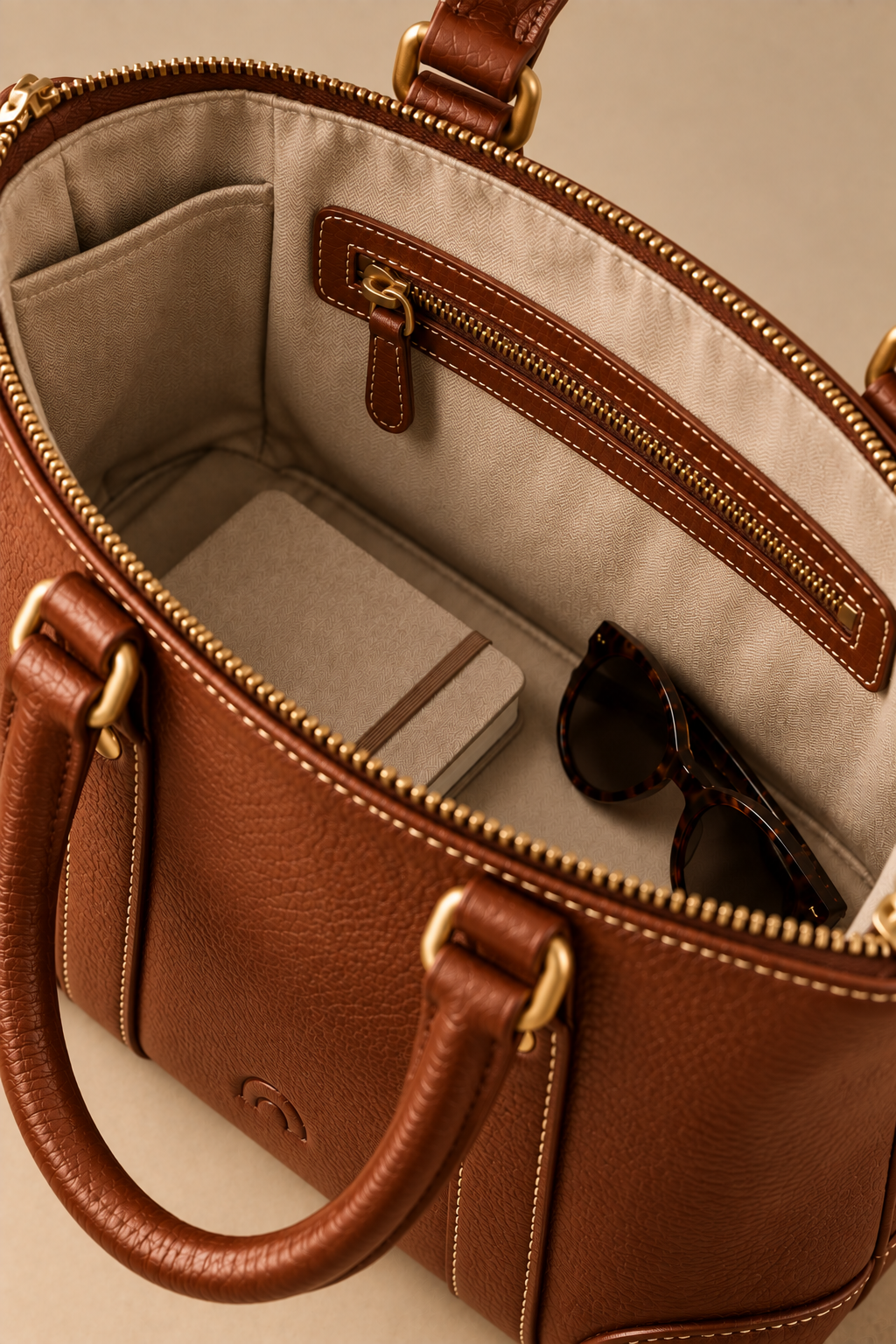 Cotton lined interior of the Juno cognac small leather tote