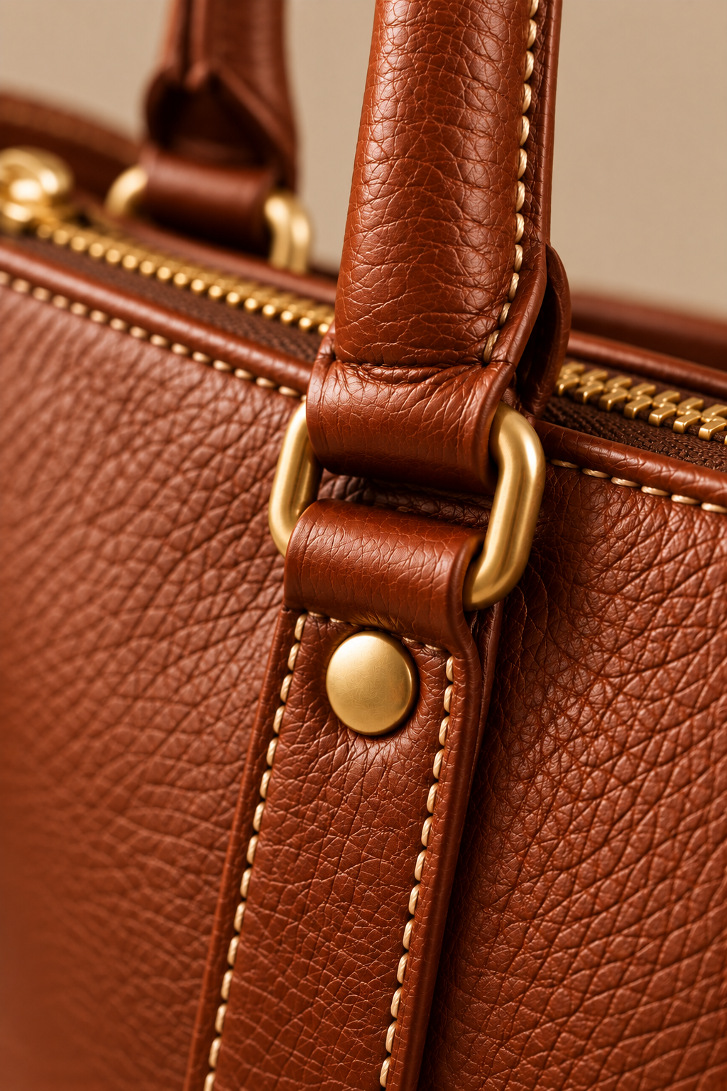 Hand stitched edge and brass rivet on the Juno cognac small leather tote