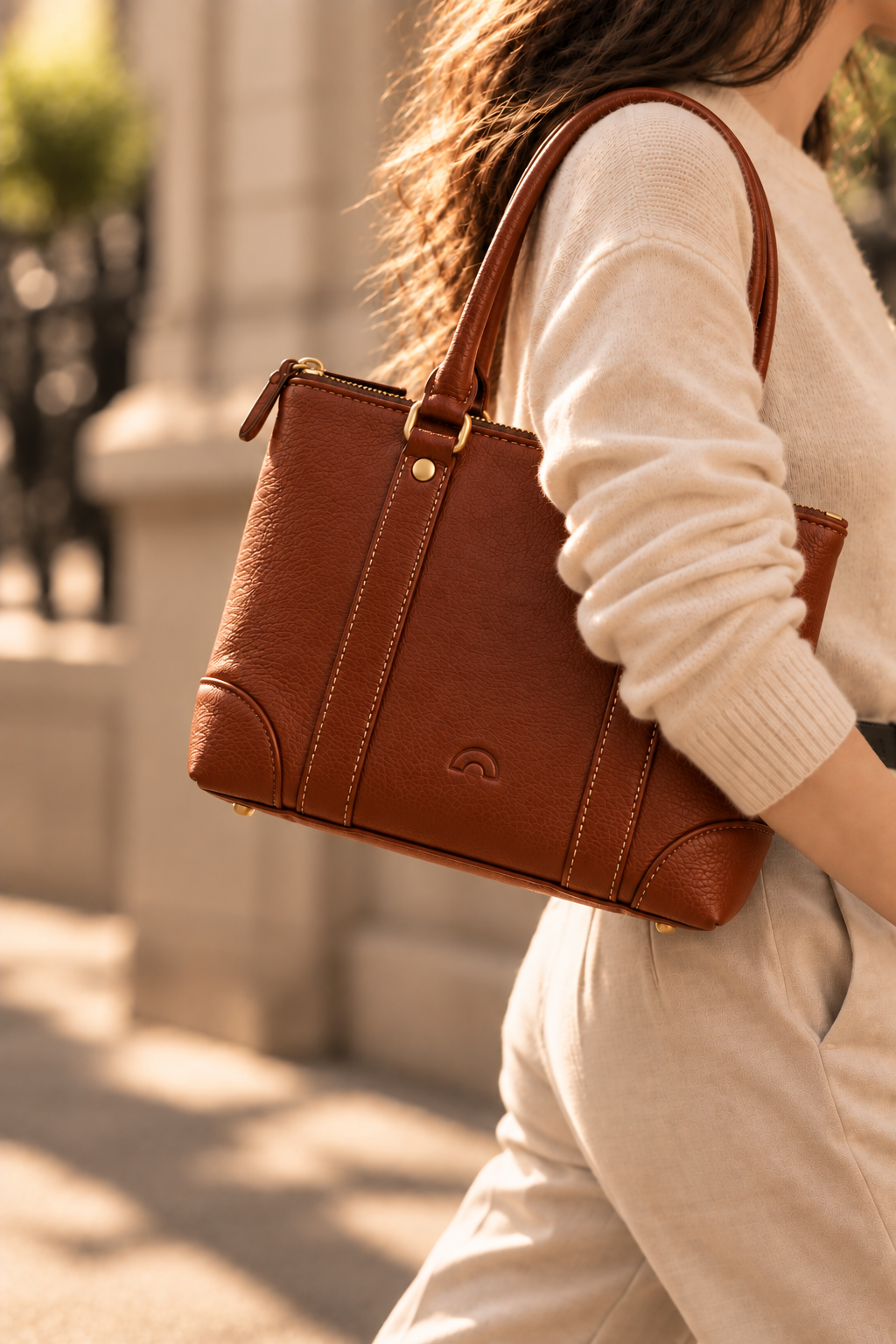 The Juno cognac small leather tote worn on the shoulder