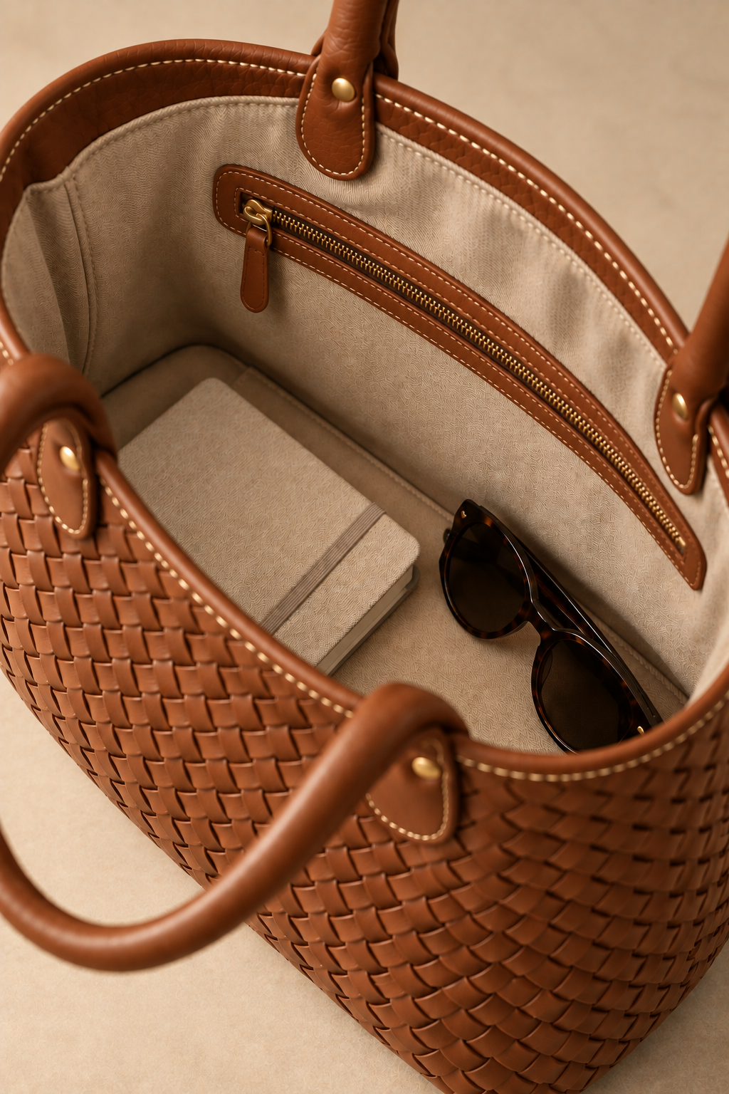 Cotton lined interior of the Wren cognac woven leather tote