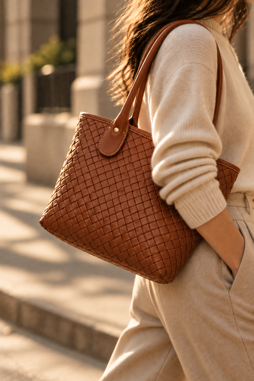 The Wren cognac woven leather tote worn on the shoulder