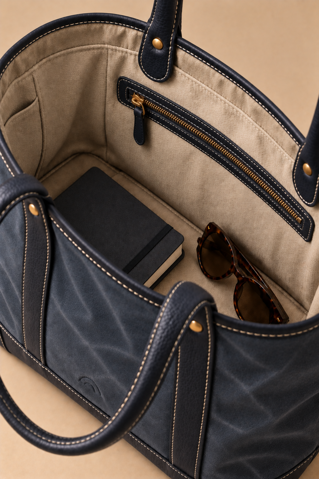 Cotton lined interior of the Ellis navy & chocolate canvas and leather tote