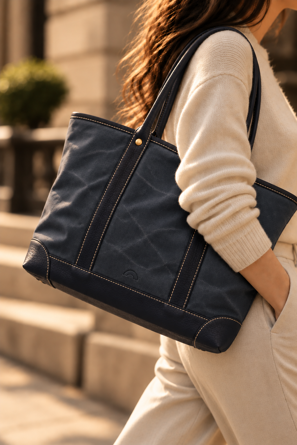 The Ellis navy & chocolate canvas and leather tote worn on the shoulder