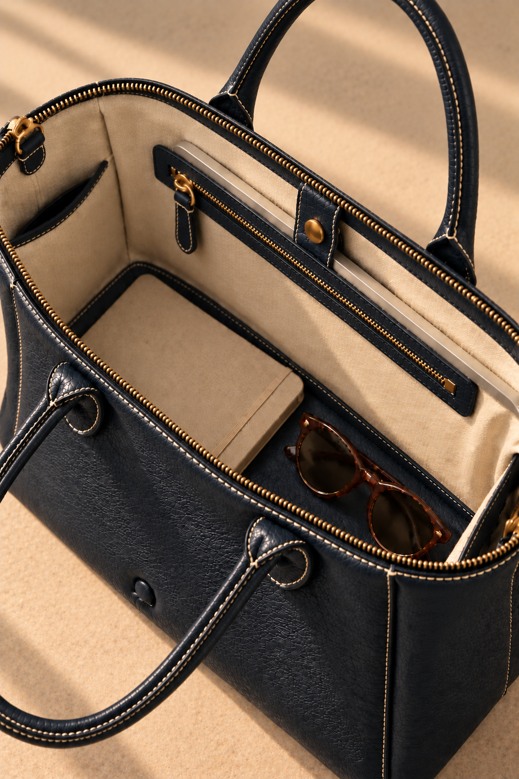 Cotton lined interior of the Lorne navy leather work tote