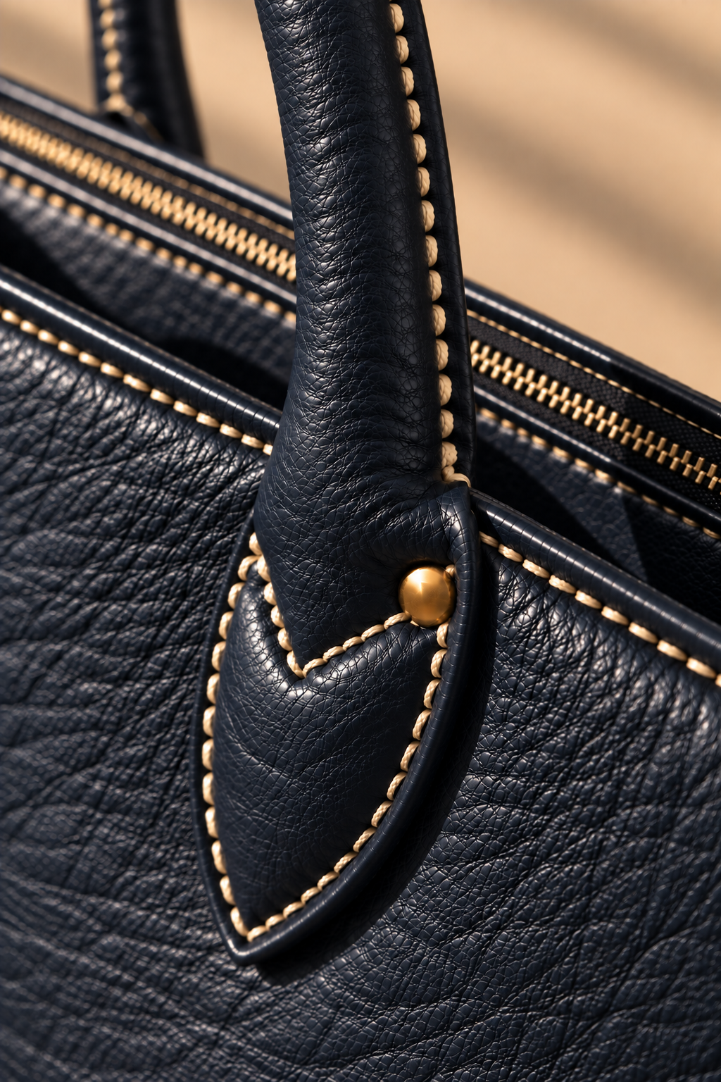 Hand stitched edge and brass rivet on the Lorne navy leather work tote
