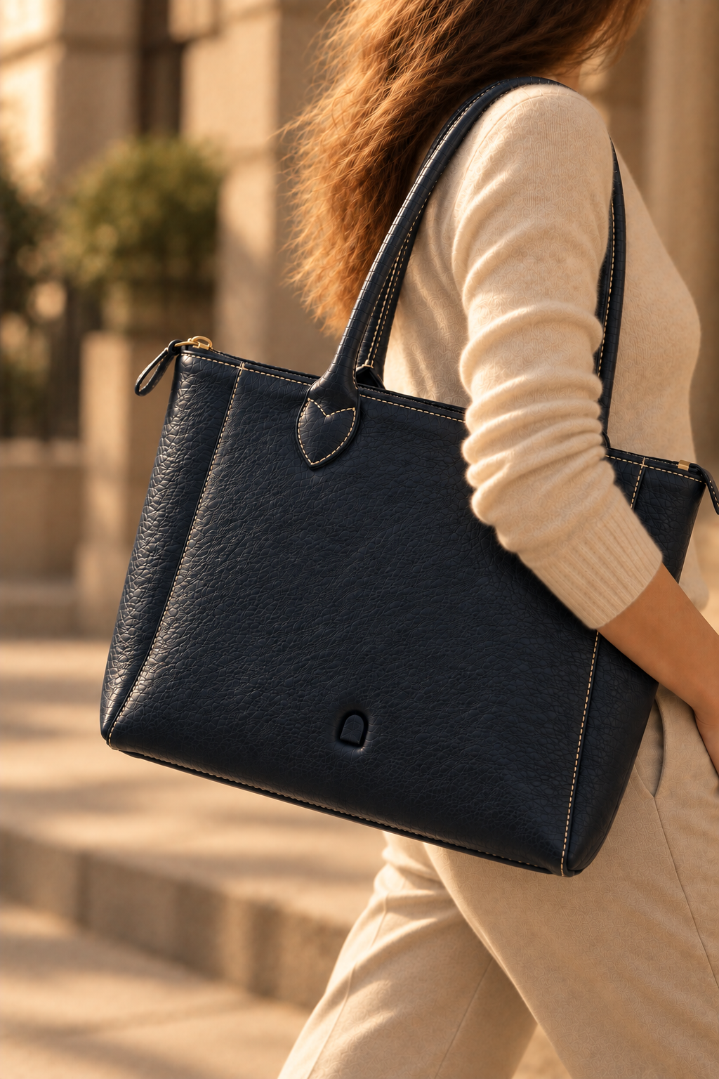 The Lorne navy leather work tote worn on the shoulder