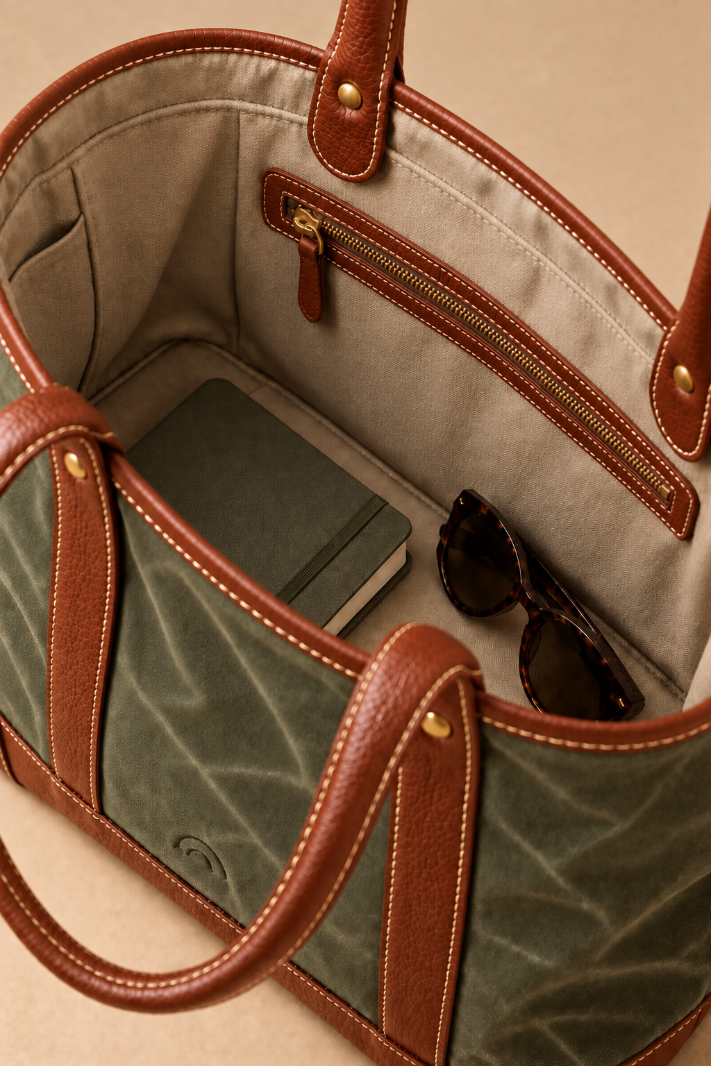 Cotton lined interior of the Ellis olive & tan canvas and leather tote