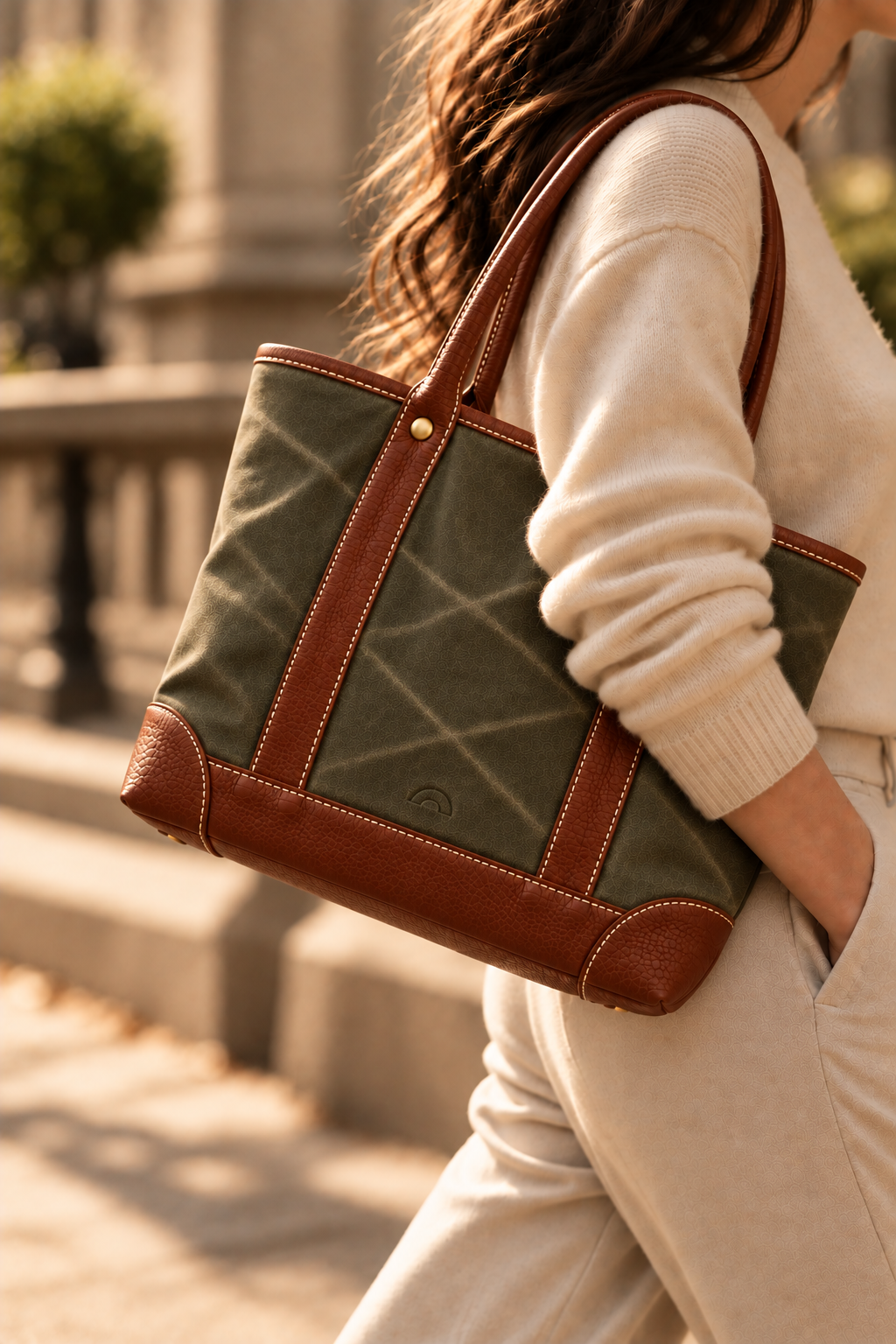 The Ellis olive & tan canvas and leather tote worn on the shoulder