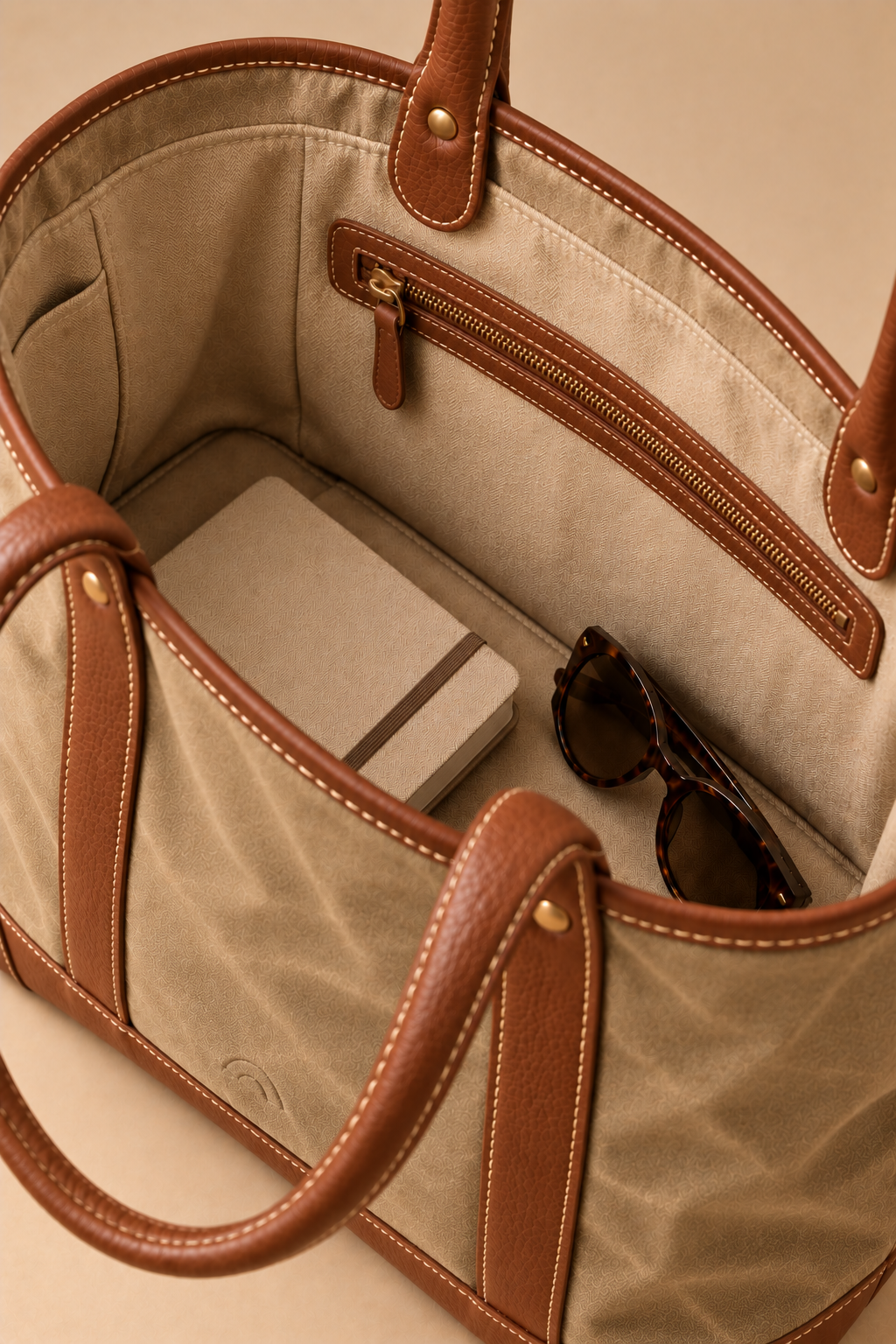 Cotton lined interior of the Ellis sand & cognac canvas and leather tote