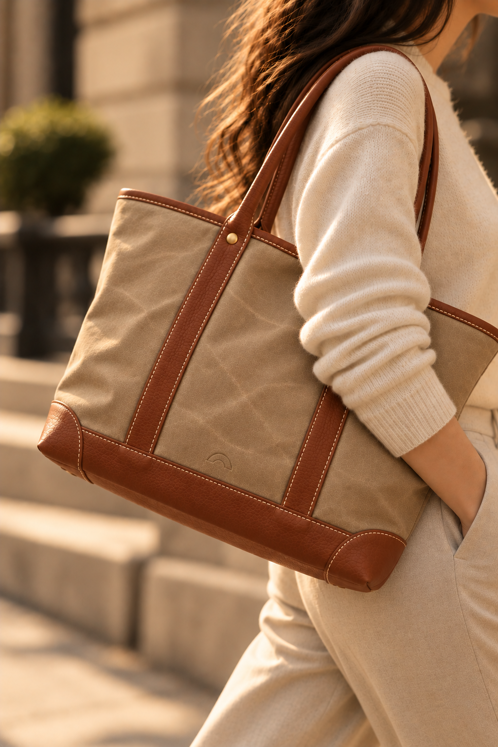 The Ellis sand & cognac canvas and leather tote worn on the shoulder