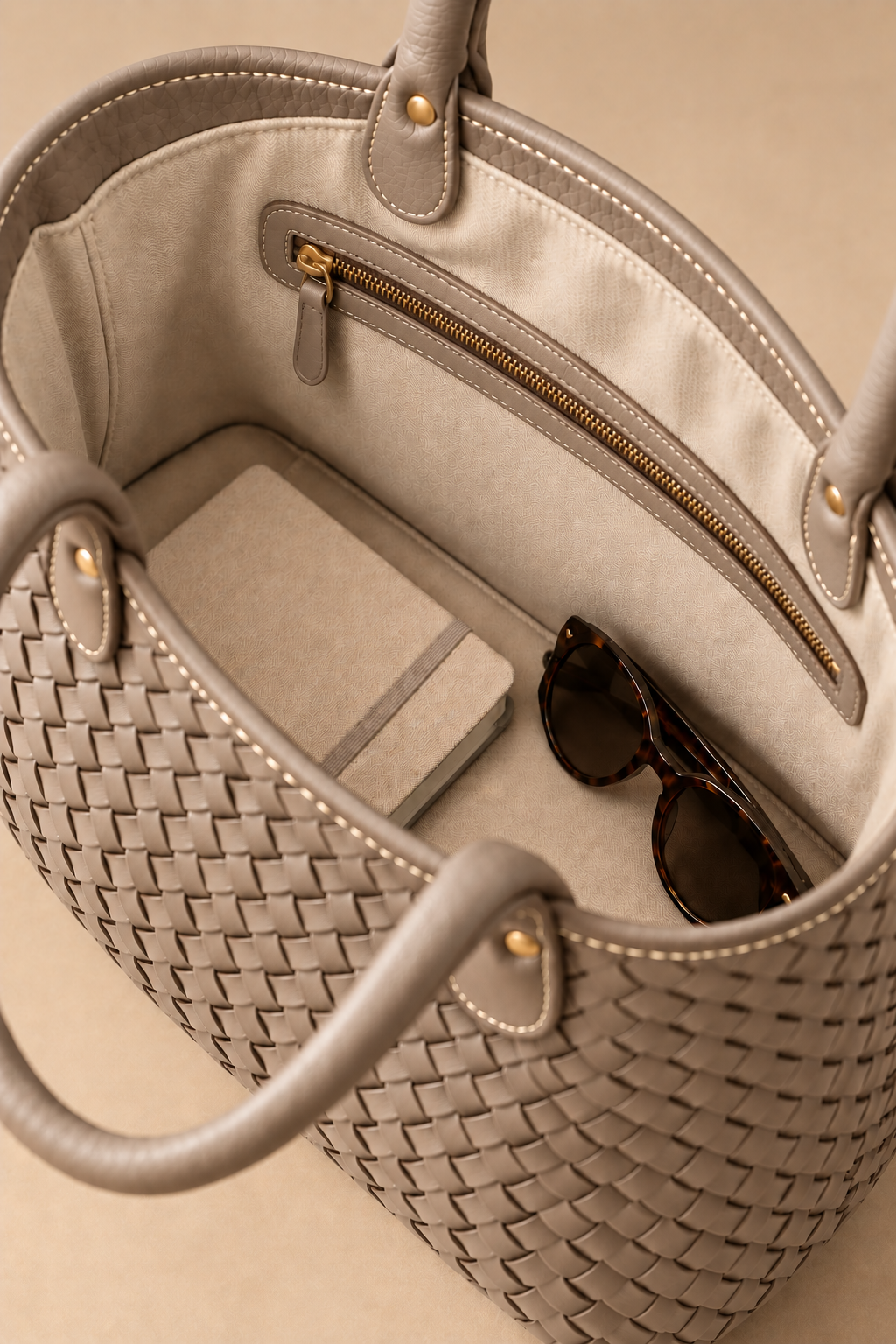 Cotton lined interior of the Wren stone woven leather tote