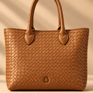 Tan woven leather tote, The Wren, regular